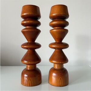 Vintage Turned Wood Spindle Candle Sticks Retro Rustic Farmhouse Country Cottage